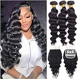 12A Human Hair 3 Bundles with 5x5 HD Lace Closure (14 16 18 +14) 100% Unprocessed Brazilian Virgin Remy Hair Loose Wave Human Hair Bundles with Closure Natural Color