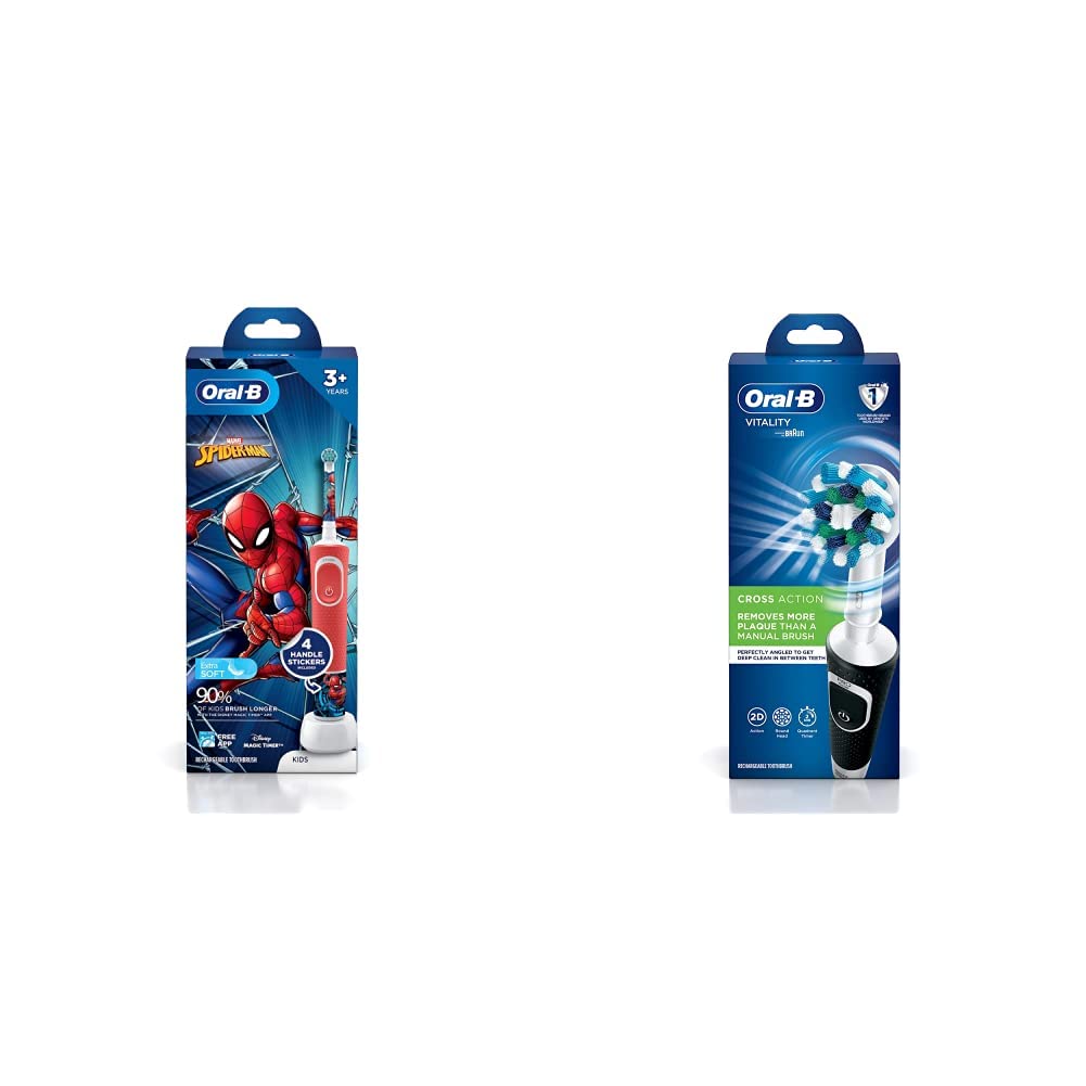Oral-B Kids Electric Rechargeable Toothbrush, Featuring Spider Man, Extra Soft Bristles (Age 3+ & Vitality 100 Black Criss Cross Electric Rechargeable Toothbrush Powered By Braun, 2 Count-image-46