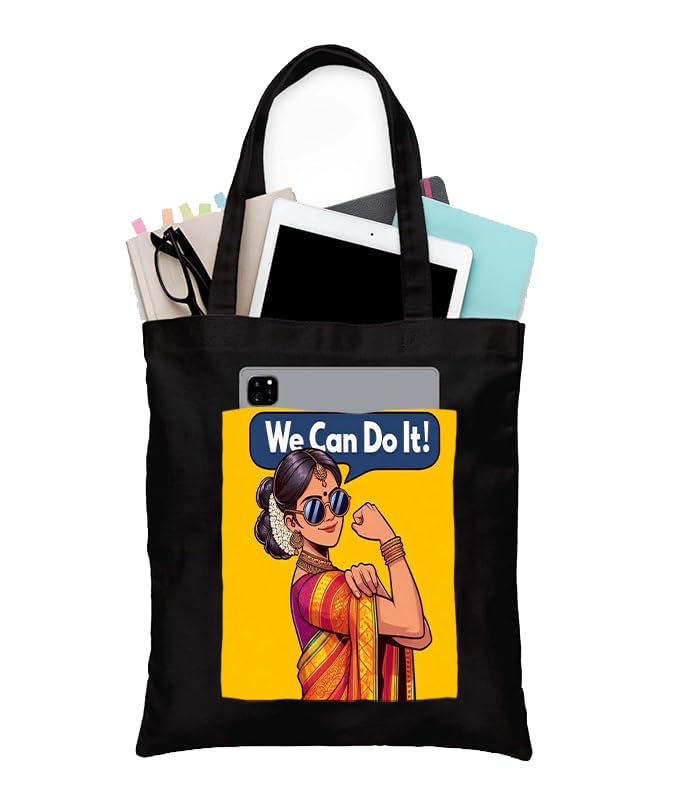 Image of Black Tote Bag With Pocket Printed Designed Canvas Tote Bags For Women large capacity,Tote bag For Shopping, College, Travel, More Canvas Handbag For Unisex Bag
