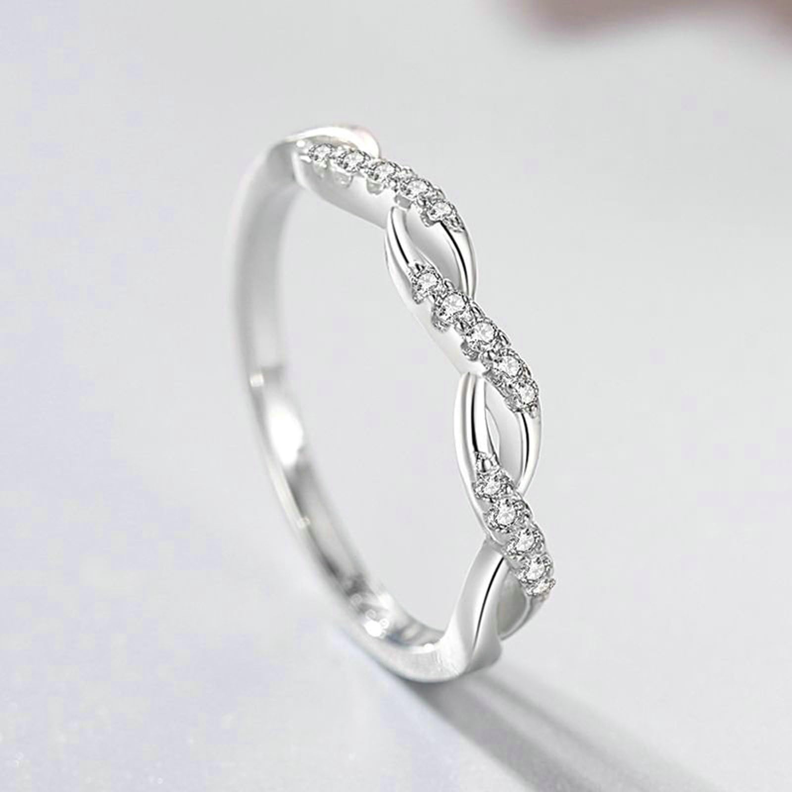 Bague Femme Or Blanc 9K/14K/18K, Anneau Empilable Infini Orné de Diamant, Bague Fine Or Véritable