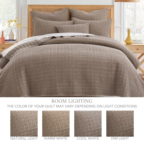 Image of Levtex Home Mills Waffle Full Bedspread Set (100x104in) with 2 Pillow Shams (26x20in) - Cocoa - Cotton Waffle Full Size Bedspread Set - Lightweight, Soft, Pre-Washed
