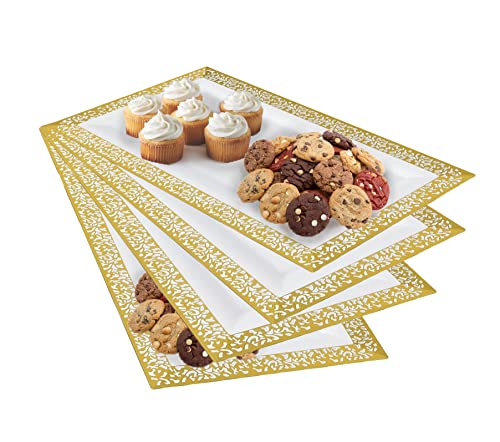 Yumchikel-Decorative Plastic Serving Tray & Platter Set (4pk) - Gold & White Disposable Party Trays & Platters for Food - Weddings, Upscale Parties, Dessert Table, Cupcake display - 14x7.5 inches