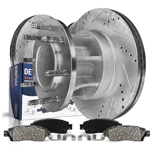 Image of Detroit Axle - DRW Front Brake Kit for Ford 2013-2022 F-350 Super Duty | Drilled and Slotted Disc Brake Rotors Ceramic Brake Pads with Hardware 2014 2015 2016 2017 Replacement 14.29 inch inch Rotor