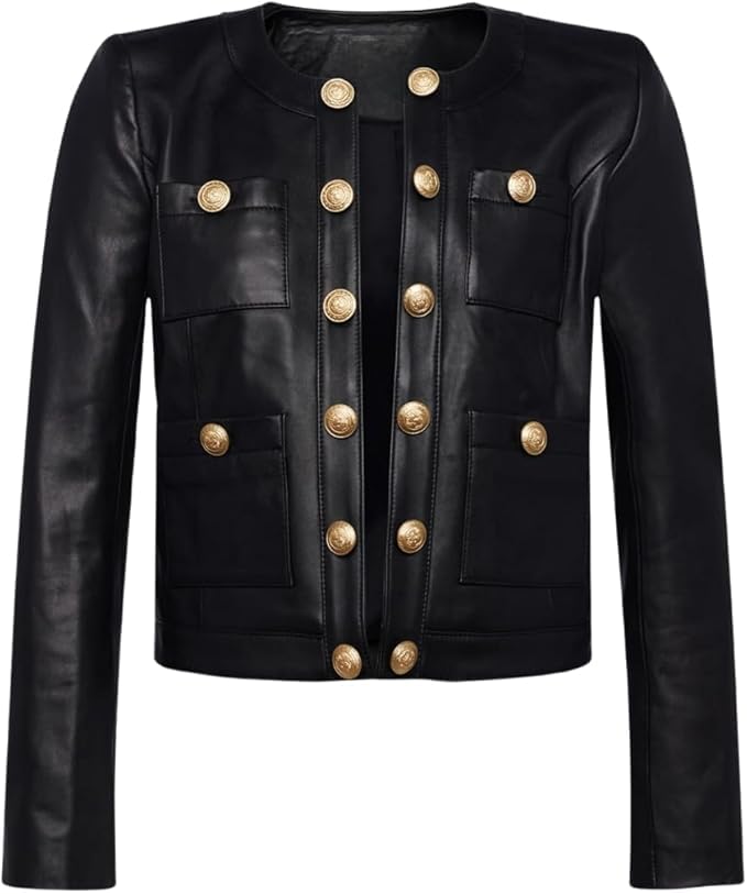 Women's Red Leather Jacket Gold Button Front Women's Black Real Lambskin Leather