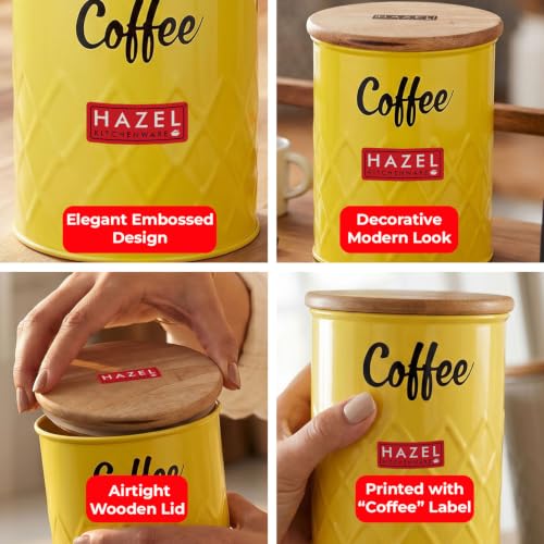 Image of HAZEL Coffee Storage Airtight Container with Wooden Lid Metal Coffee Jar 800ml