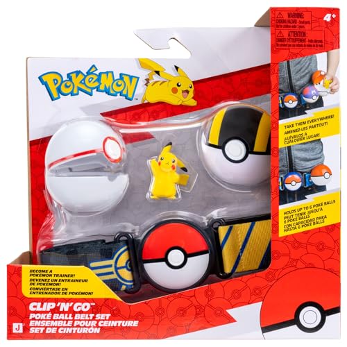 Pokémon Pikachu Clip N Go Belt Set - 2-Inch Pikachu Battle Figure with Premier Ball Ultra Ball and Electric-Type Themed Belt