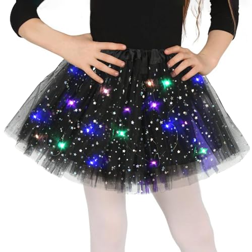Tüllrock Mädchen Schwarz, Sterne Pailletten Tanzkleid, 30cm Dehnbaren Minirock Mit LED Lichter, kleine Mädchen Tütü Rock Ballettrock für...
