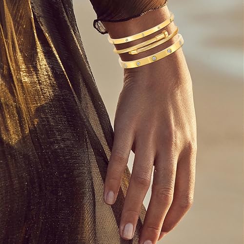 18K Gold Plated Womens Stackable Floral & Clover Bracelet Set - 5Pcs Stainless Steel Bangles, Non-Tarnish Trendy Jewelry | Gifts for Women's Day, Mother's Day, Christmas, Valentine's & Birthdays3