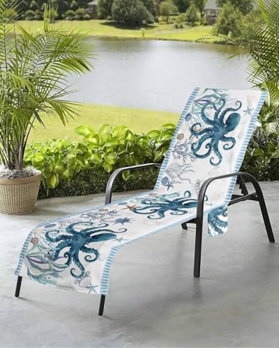 Nautical Octopus Beach Chair Towel Covers for Chaise Lounge With Side Pocket, Soft Plush Pool Towels Cover for Patio Sunbathing Outdoor Coastal Ocean Starfish Corals Blue Stripe 29''x85''