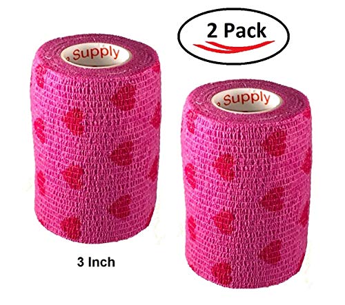 Image of Vet Wrap Tape (Pink with Hearts) (2 Pack) (4 Inch x 15 feet) Self Adhesive Adherent Adhering Cohesive Flex Self Stick Bandage Grip Roll Dog Cat Pet Horse
