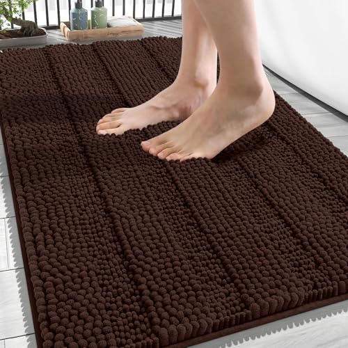 Image of OLANLY Thick Bathroom Rugs 34x21, Extra Soft Absorbent Chenille Striped Bath Rugs, Rubber Backing, Machine Wash Dry, Bath Mats for Bathroom Floor, Tub and Shower, Home Decor Accessories, Brown