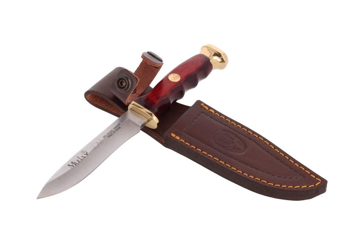 Muela Cuchillo de caza COMF-10 con hoja de acero inoxidable ACX-380 de 10 cm y empuñadura de madera de coral para Caza, Pesca, Supervivencia y Bushcraft + Portabotellas de regalo