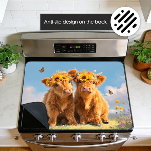 Image of Nuxovilar Highland Cow Stove Cover Diatom Mud 28.65x20.47 In | Glass Protector Countertop Mat Counter Saver Cooktop Cover Farmhouse Cottage RV Room (Highland Cow Wreath)