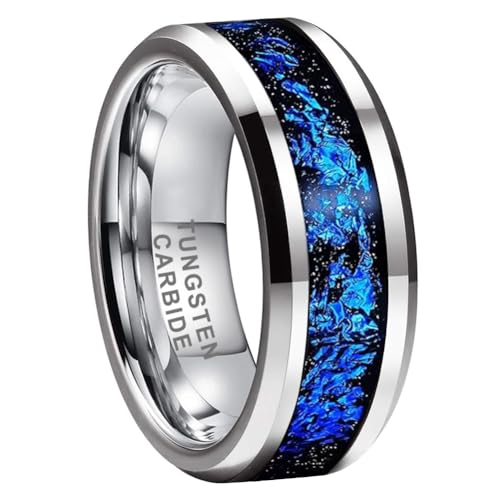 8mm Silver/Black Tungsten Rings for Men Women Orion Nebula Galaxy Opal Blue Gold Foils Inlay Engagement Wedding Promise Band Beveled Edges Polished Comfort Fit