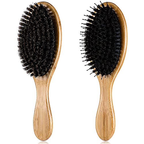 2 Pieces Boar Bristle Hair Brush Nylon Detangling Brush for Thick Long Curly Fine Hair Oval Wooden Soft Natural Bristles Brush Paddle Hair Combs for Men Women Hair Styling Supplies, 2 Styles