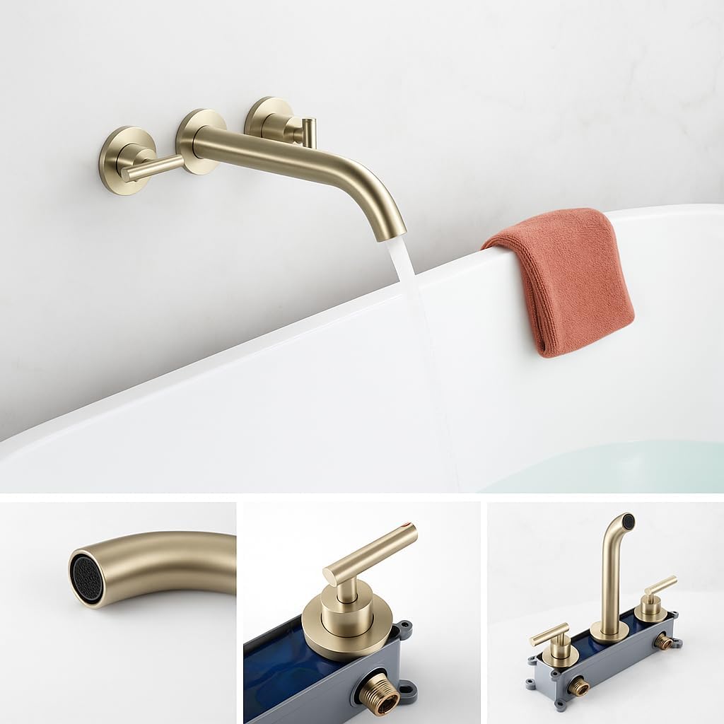 Wall Mount Tub Filler, Solid Brass Wall Mount Bathtub Faucet, 9.78 GPM at 60 PSI, Brushed Gold Tub Faucet with 2 Handles, Long Spout Reach, Rough-in Valve Included