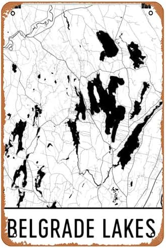 AirBnk Cartel de hojalata vintage de Belgrade Lakes Maine, Belgrade Lakes Me, mapa del lago de Belgrado, mapa de los lagos de Maine, arte del lago