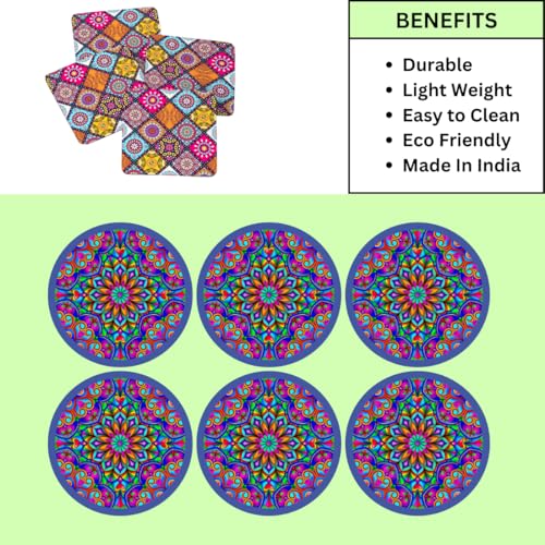 Image of Zesta Coasters for Cups Set of 6 / Wooden Coasters for Bar Accessories for Home /Tea Coaster Set of 6 / Waterproof Dining Table Decor Glass Cover (Mandala - Purple, Circle)