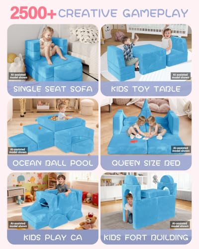 Image of YEFU 15pcs Modular Kids Play Couch，1000+ Imagination Creative Play | for kids ages 1+,7 shapes,countless configurations,30D high-density foam,fort building,washable cover, playroom,birthday gift