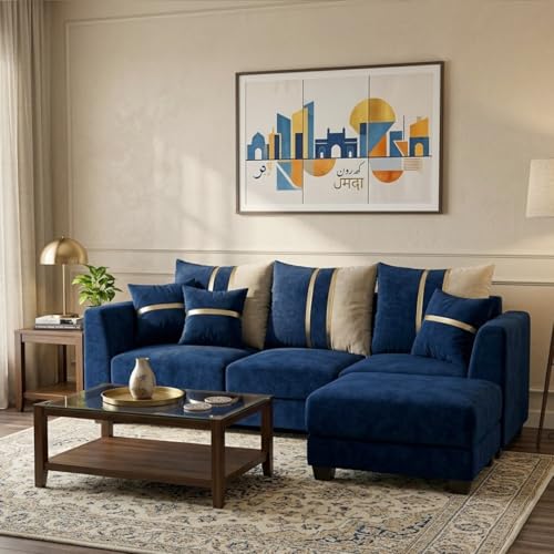 Image of Vero 4 Seater L Shape Sofa Set with Movable Ottoman | Flexible Left or Right Layout | Luxury Velvet Suede Fabric | Modern Living Room Sofa | Dark Blue