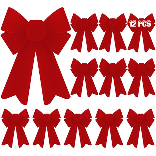 12 PCS Christmas Bows, PVC Christmas Tree Bows 5 x 8 Inches, Red Velvet Bows for Hanging Red Christmas Bows Outdoor Indoor Large Christmas Bows Xmas Decor Party Supplies Wreath Railing Fences