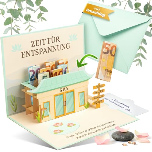 BASICBIRD Geldgeschenk Wellness als Pop up Karte Gutscheinkarte Wellness Massage Sauna Frauen Männer Wellness Geschenk Geldkarte Geburtstag Geldgeschenke Geburtstag Wellness Gutschein Verpackung