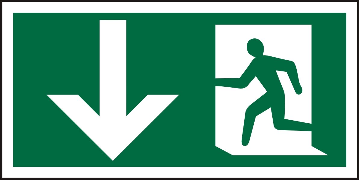 Seco Fire Exit - Arrow Pointing Down & Man Running Left Pictogram Sign, 300mm x 150mm - 1mm Semi Rigid Plastic