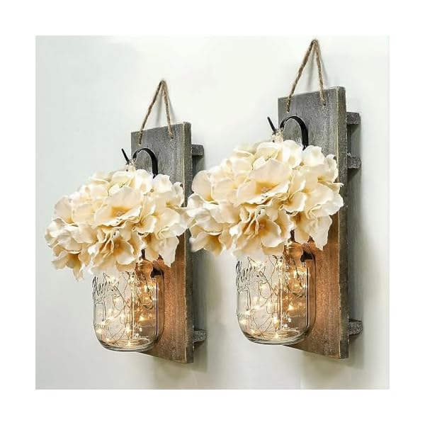  Set-of-2-Rustic-Wall-Sconces-Mason-Jars-Sconce-with-Remote-Control-Flowers-LED-Fairy-Lights-for-Home-Wall-Door-Decoration-Gift-Gray