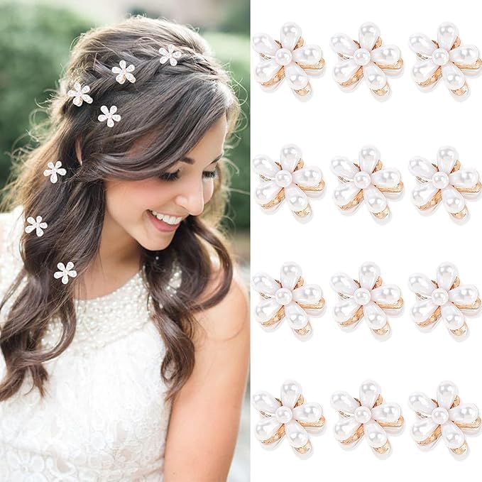 12 Pcs Hair Claw Clips for Women Girls Small Korean Style Pearl Metal Hair Clip Accessories Flower Design
