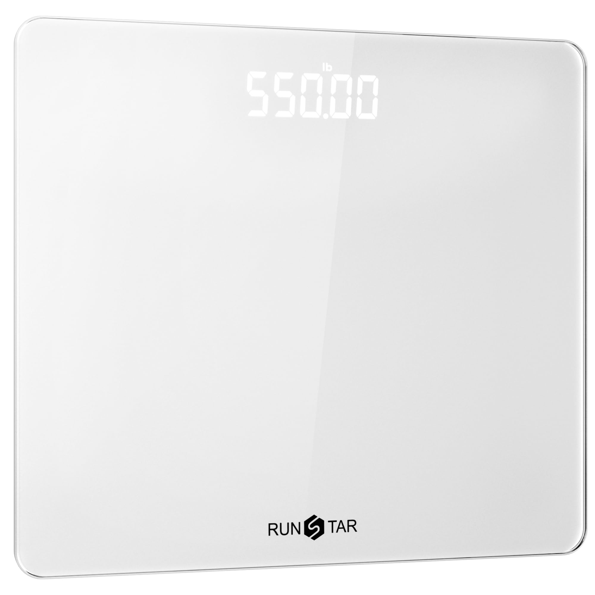 RunSTAR Digitale Personenwaage, hochpräzise Sensoren, 8 mm Sicherheitsglas, Tragkraft bis 250 kg, mit extragroßer Trittfläche und großem LCD-Display, Step-on-Technologie, Weiß