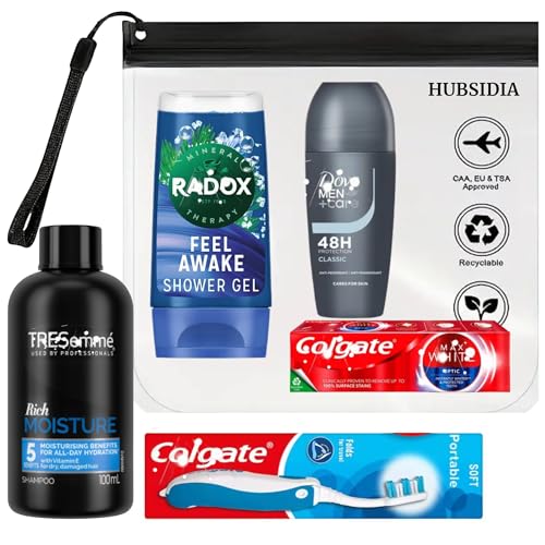Men’s Travel Toiletries Set – TSA & Airport Security Approved | Hubsidia Clear Travel Bag with Shampoo, Shower Gel, Roll-On Deodorant, Toothpaste & Foldable Toothbrush – Travel Essentials for Men