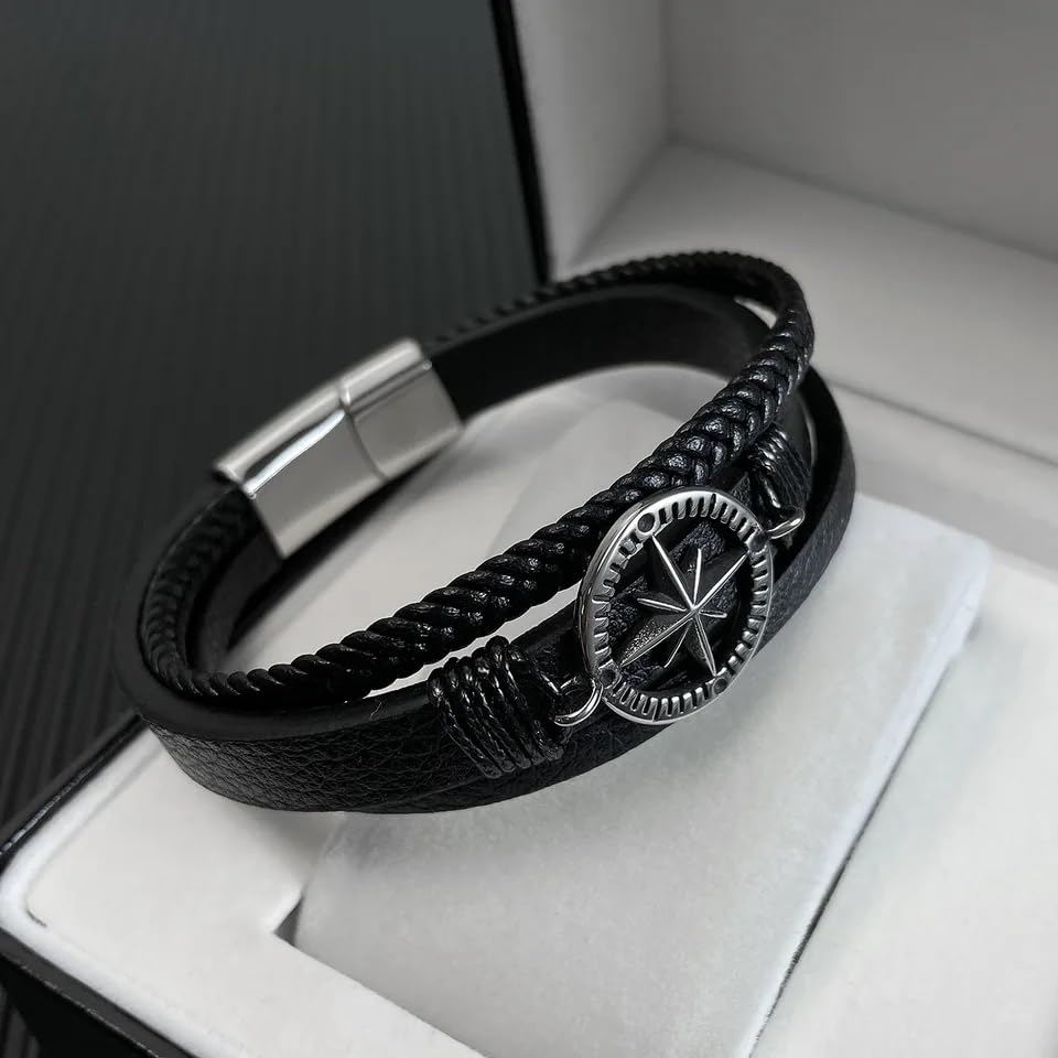 Image of Black Braided Leather Bracelet For Men