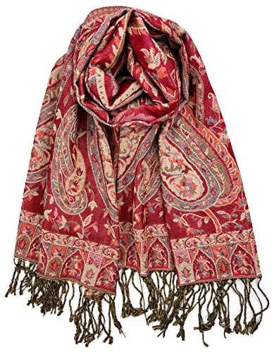 Plum Feathers Pashmina Scarf with Ethnic Tapestry Style Paisley Pattern - 67" x 28" Everyday Pashmina Travel Wrap and Shawl, Red Beige Paisley, One size