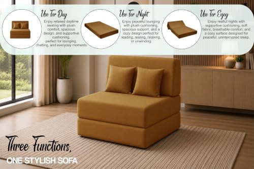 Image of Sofa Cum Bed with Jute Fabric, Convertible One Seater Sofa Bed 3x6 Ft, Comfortable Cushioned Seating, Space Saving Design for Living Room, Bedroom & Guest Room - Golden Color