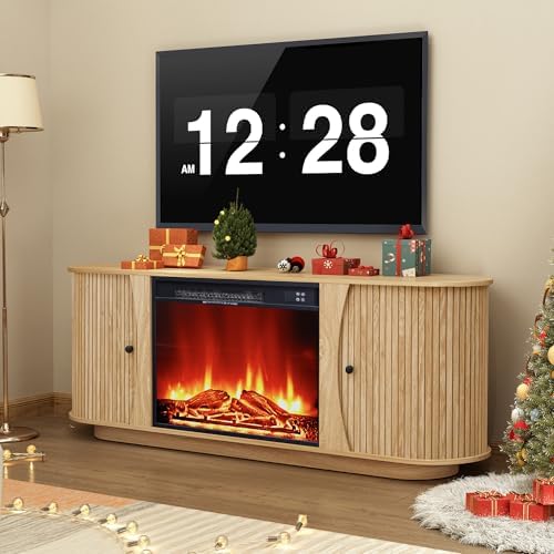 63" Fireplace TV Stand for TVs Up to 70" with 23" Electric Fireplace, Mid-Century Modern Fluted TV Media Console Table with Storage and Shelf, Curved Edge Entertainment Center for Living Room(Natural) - Thumbnail 2