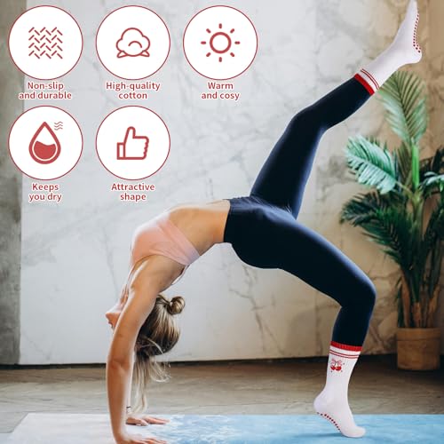 Jspupifip 4 Pairs Pilates Socks with Grip for Women Embroidery Non-Slip Yoga Socks with Heart Striped Cherry Bow Patterns for Barre Workout Hospital (4 Pairs)3