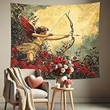 Love God and Roses - Tapisserie murale vintage à motif floral rouge - Décoration esthétique romantique pour chambre à coucher, salon, Saint-Valentin, thème de l'amour - 152,4 x 101,6 cm