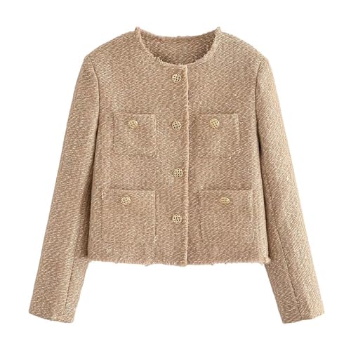 Casual Tweed Blazer Jacket for Women Cropped Open Front Button Down Collarless Coat Office Work Business Dress Jackets