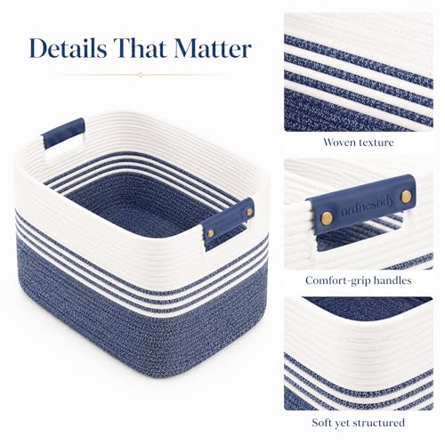 Image of Cotton Rope Laundry Basket Medium, 15.4GAL Collapsible Woven Storage Baskets for Living Room Kids Toys Stuffed Animal,Boho Rectangular Decorative Short Hamper for Dirty Clothes, Blankets Denim Blue