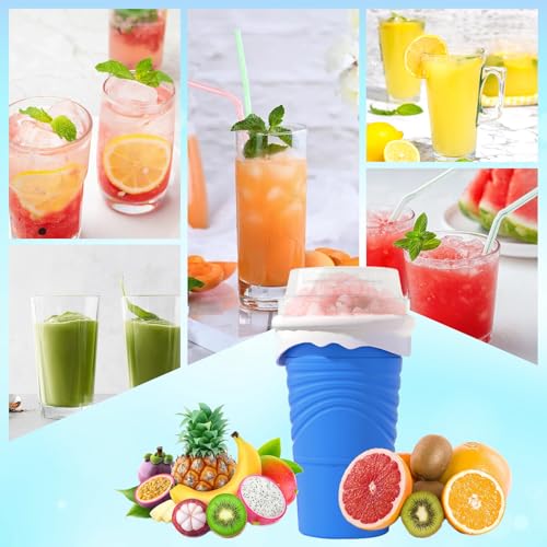 Herbst Slushy Maker Becher 500ml Silikon Squeeze Cup mit Strohhalmlöffel Slush Eis Becher DIY Ice Cup Slushy Maker Cup Smoothie Becher mit Reinigungsbürste (Blau) – Bild 7