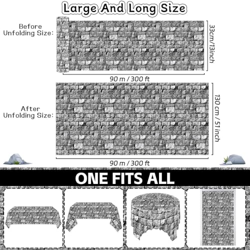 Image of party greeting Brick Stone Wall Tablecloth Roll Disposable Stone Wrapping Plastic Table Cover Castle Backdrop for Halloween Western Birthday Medieval Party Decoration Favors Supplies 300FT x 51 Inch