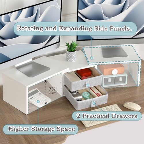 Image of TEAMIX Dual Monitor Stand Riser with 2 Drawers - Length and Angle Adjustable White Monitor Stand with Storage Large Computer Riser for 2 Monitors /Laptop /PC, Wood Screen /TV Stand Desk Organizer