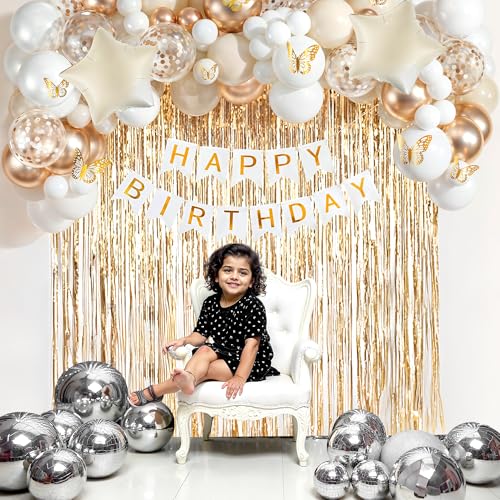 Image of Party Propz Golden and White Birthday Decoration Kit - 59 Pcs,Chrome & Confetti Balloons for Decor,Butterfly Birthday Theme Decoration, Banner, Fringe Curtains, Star Foil Balloon, 3D Butterfly Accent