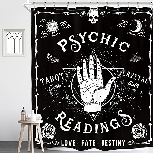 Homewelle Gothic Psychic Goth Shower Curtain 60Wx72L Inch Spooky Moth Tarot Halloween Ouija Hands Palmistry Reading Witch Cool Palm Hippy Mysterious Whimsy Edgy Polyester Fabric Bathtub Bathroom Decor