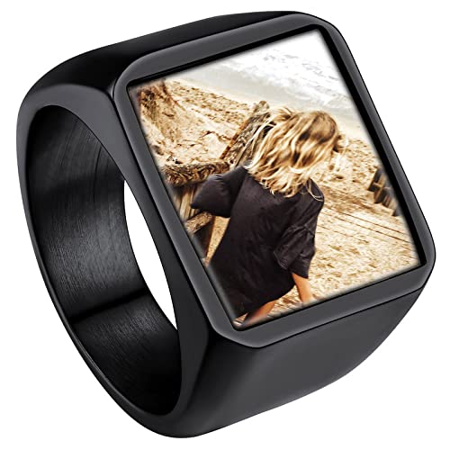 ChainsHouse Signet Rings Solid Polished Stainless Steel Biker Ring for Men Women, 316L Stainless Steel/18K Gold/Black Metal Plated, Text Engraving/Photo Custom, Size 7 to 14, Send Gift Box