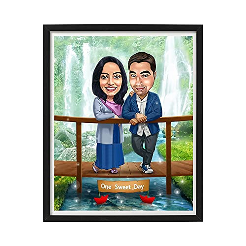 Image of DK Decors Personalized Caricature Photo Frame Custom Cartoon Portrait from Photo, Outing Park Gift for Couple, Husband & Wife (8x10 Inch)