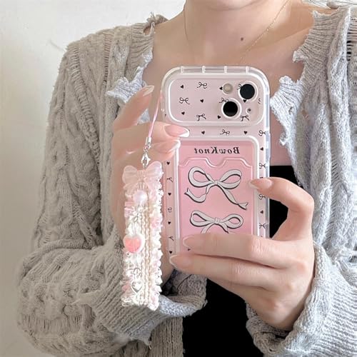 Coque iPhone 14 avec fente carte et cordon de perles rose en dentelle