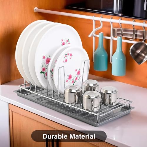Image of Kuber Industries Stainless Steel Glass & Plate Stand for Kitchen | Crockery Rack Organizer with Draining Tray Included - Silver & Grey