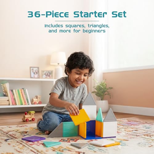 Image of Amazon Brand - Jam & Honey Magnetic Tiles Building Blocks for Kids | 36 Pcs Pro Solid Opaque Set | STEM Learning & Creative Construction Toy | Brain Development & Educational Play | Durable MABS Plastic with Strong Magnets | Multiple Shapes Included | Ages 3+ Years | Multicolour | Product Dimensions: 24.5 x 16.5 x 7 cm