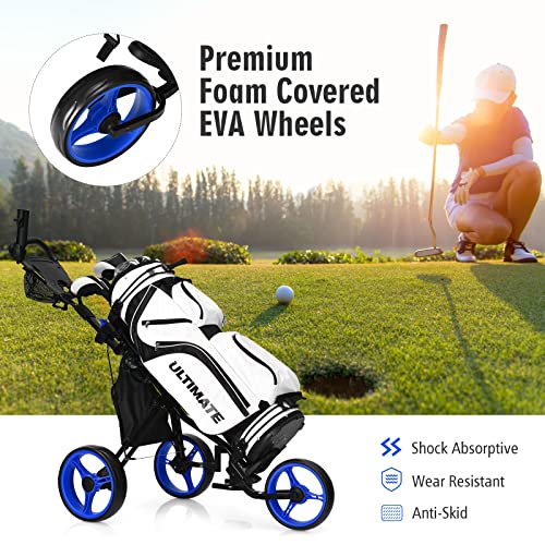 Tangkula Golf Push Pull Cart With Seat, Lightweight Folding 3 Wheels Golf Push Cart, Golf Trolley W/Storage Bag, Foot Brake, Adjustable Umbrella Holder & Seat, 4 Height Position Handle (Navy Blue) #TOP7